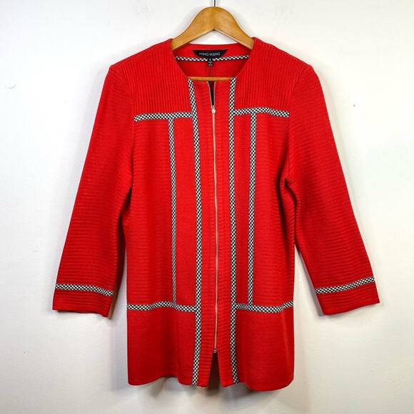 Ming Wang Poppy Red Gingham Trim Zip Front Long Sweater Jacket Womens S new nwt - Picture 2 of 16